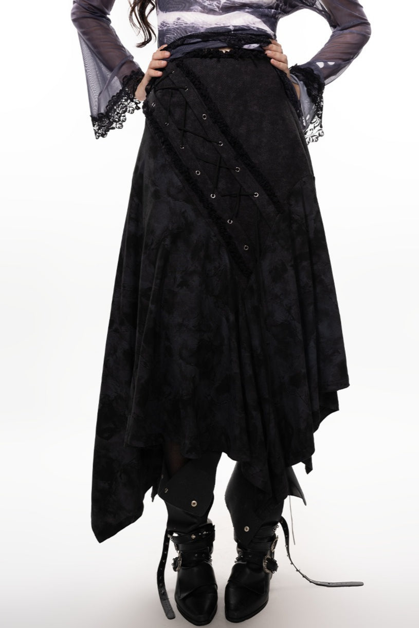 Dark Punk Heavy-Duty Paneled Denim Skirt