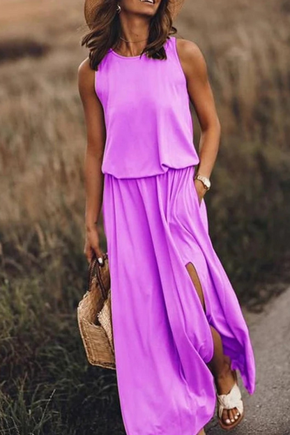 Casual Solid Slit O Neck Waist Skirt Dresses(8 Colors)