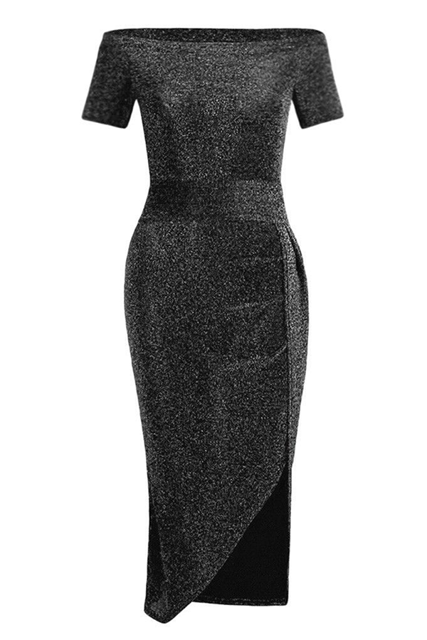 Elegant Solid Slit Sequined Off the Shoulder Wrapped Skirt Dresses(3 Colors£©