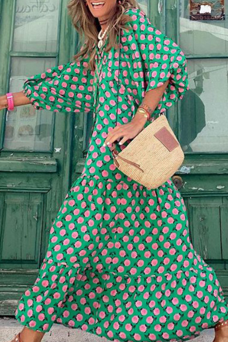 Fashion Print V Neck Cake Skirt Dresses(10 Colors)
