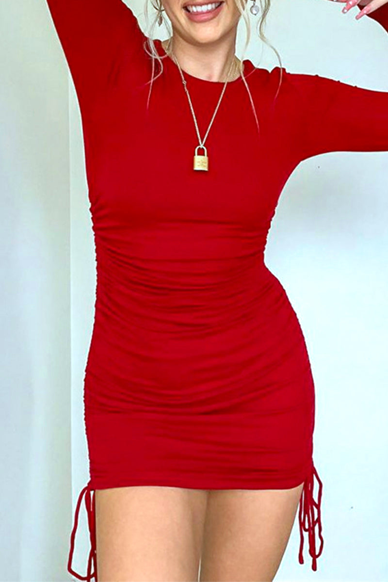 Casual Solid Draw String Fold O Neck Wrapped Skirt Dresses(10 Colors)
