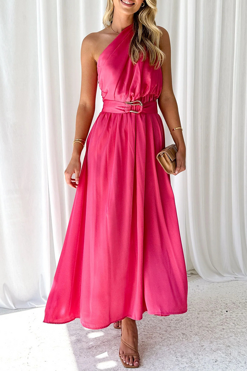 Sexy Solid Backless Oblique Collar Waist Skirt Dresses