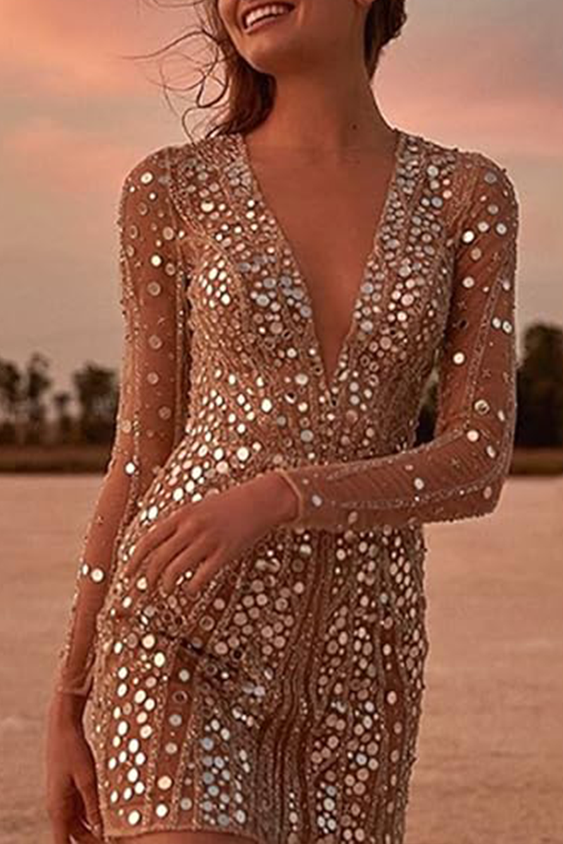 Fashion Elegant Patchwork Sequins See-through Mesh V Neck Pencil Skirt Dresses