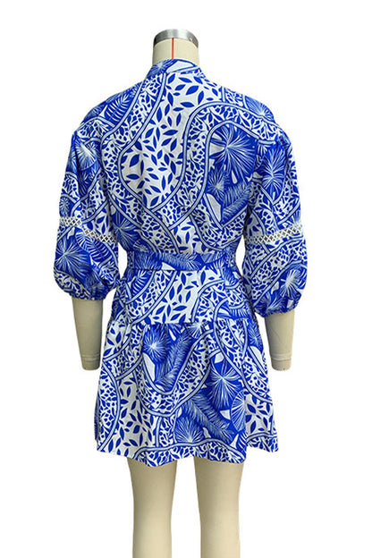 Casual Vacation Floral Print Lace Up Mandarin Collar Waist Skirt Dresses