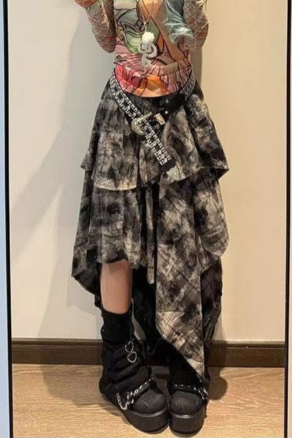 Y2K Alt Girl Tie-Dye Plaid Asymmetrical Tiered Maxi Skirt