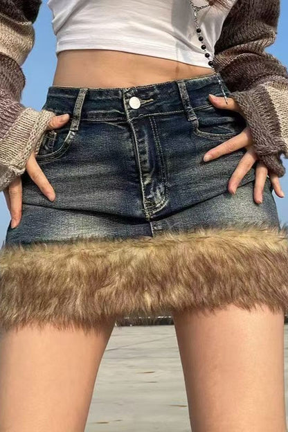 Washed Patchwork High Waist A-Line Skirt