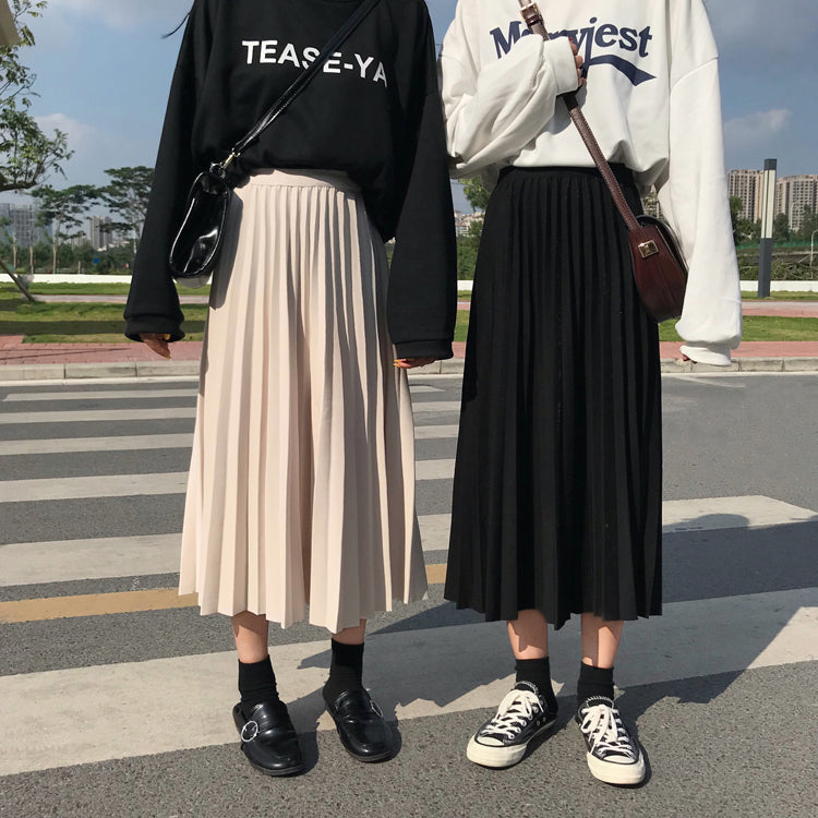 High Elastic Waist Rib Pleated Long Skirt
