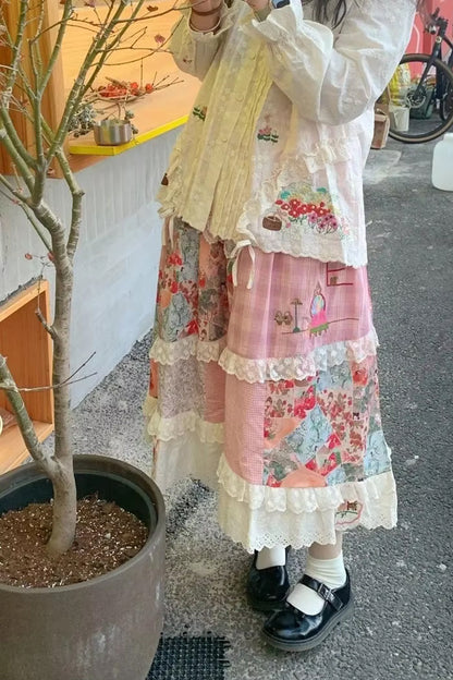 Loose A-Line Flowers Printed Lace Skirts