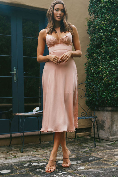 Lake Como Fitted Bodice Cami Strap Midi Dress Peach
