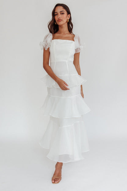 Delwynn Puff Sleeve Layered Midi Dress White