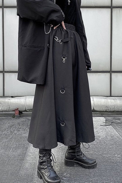 Dark Japanese Street Buckle Midi A-Line Skirt