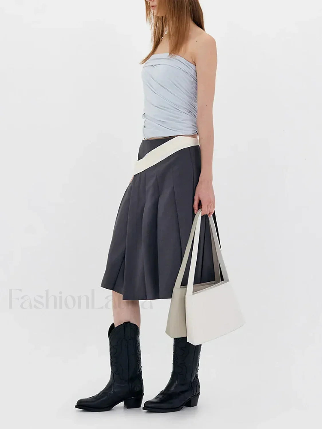 Asymmetric Striped Pleated Midi Skirt