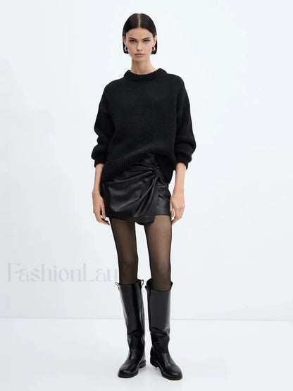 Asymmetrical Pleated Twisted Trendy Faux Leather Mini Skirt