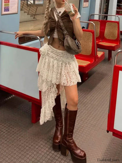 Asymmetrical Stitched Lace Skirt