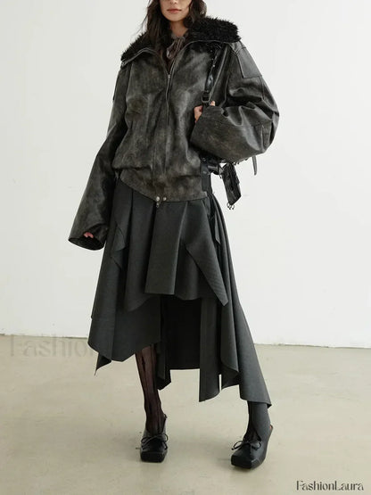 Belted Patchwork Loose Elegant Skirt