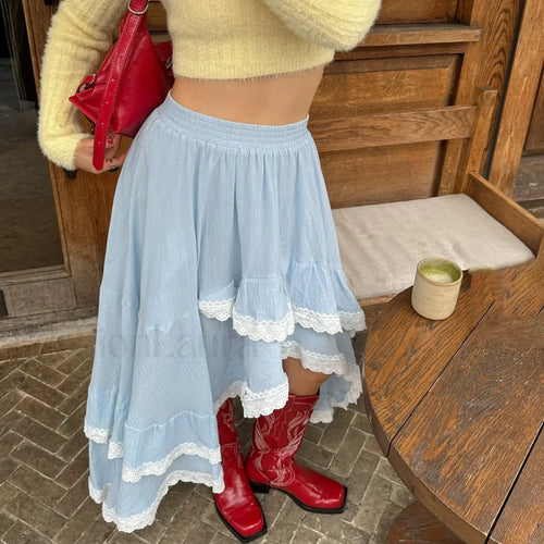 Blue Lace Patchwork Asymmetric Skirt