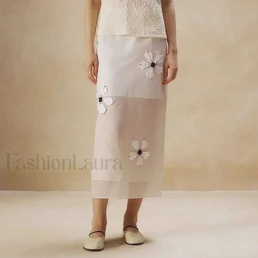 Cotton Floral Organza Slit Skirt