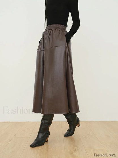 Double Pockets Graceful Leather Maxi Skirt