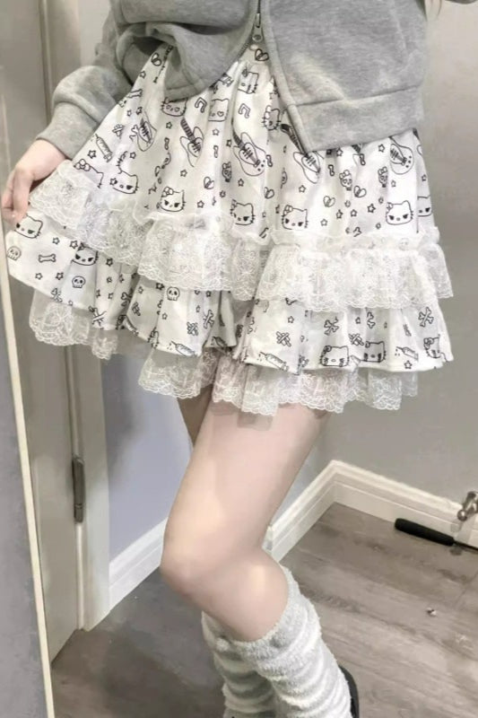 Y2K Dark Print Lace Ruffle Mini Skirt