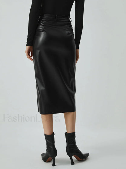 Faux Leather Graceful Pockets Midi Skirt