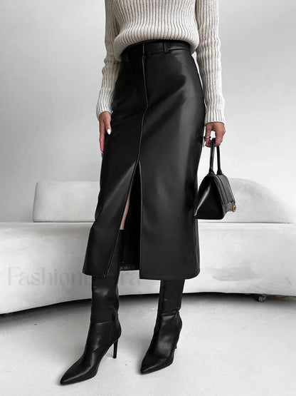 Faux Leeather Graceful Slit Midi Skirt