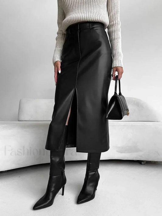 Faux Leeather Graceful Slit Midi Skirt