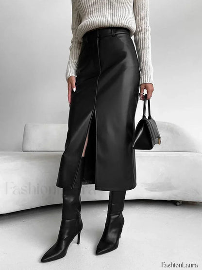 Faux Leeather Graceful Slit Midi Skirt