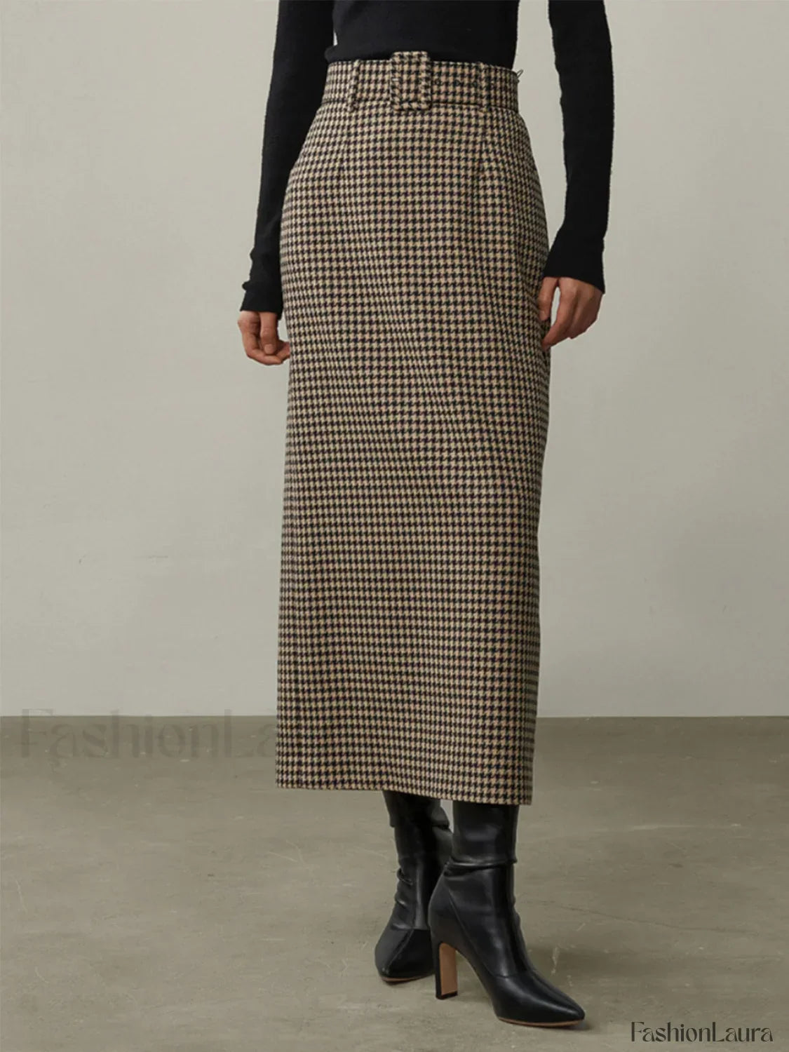 High Waist Graceful Houndstooth Midi Skirt