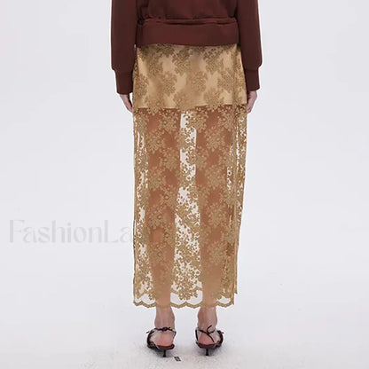 Lace Mesh Side Slit Crochet Skirt