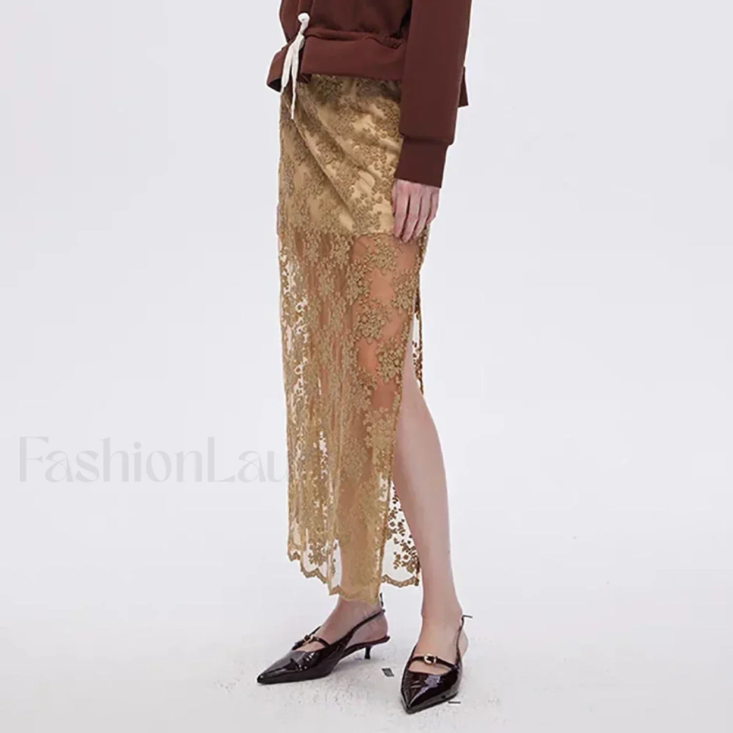 Lace Mesh Side Slit Crochet Skirt