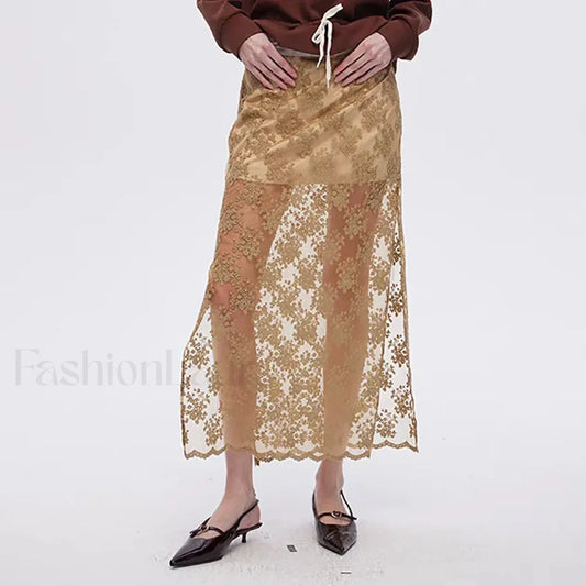 Lace Mesh Side Slit Crochet Skirt