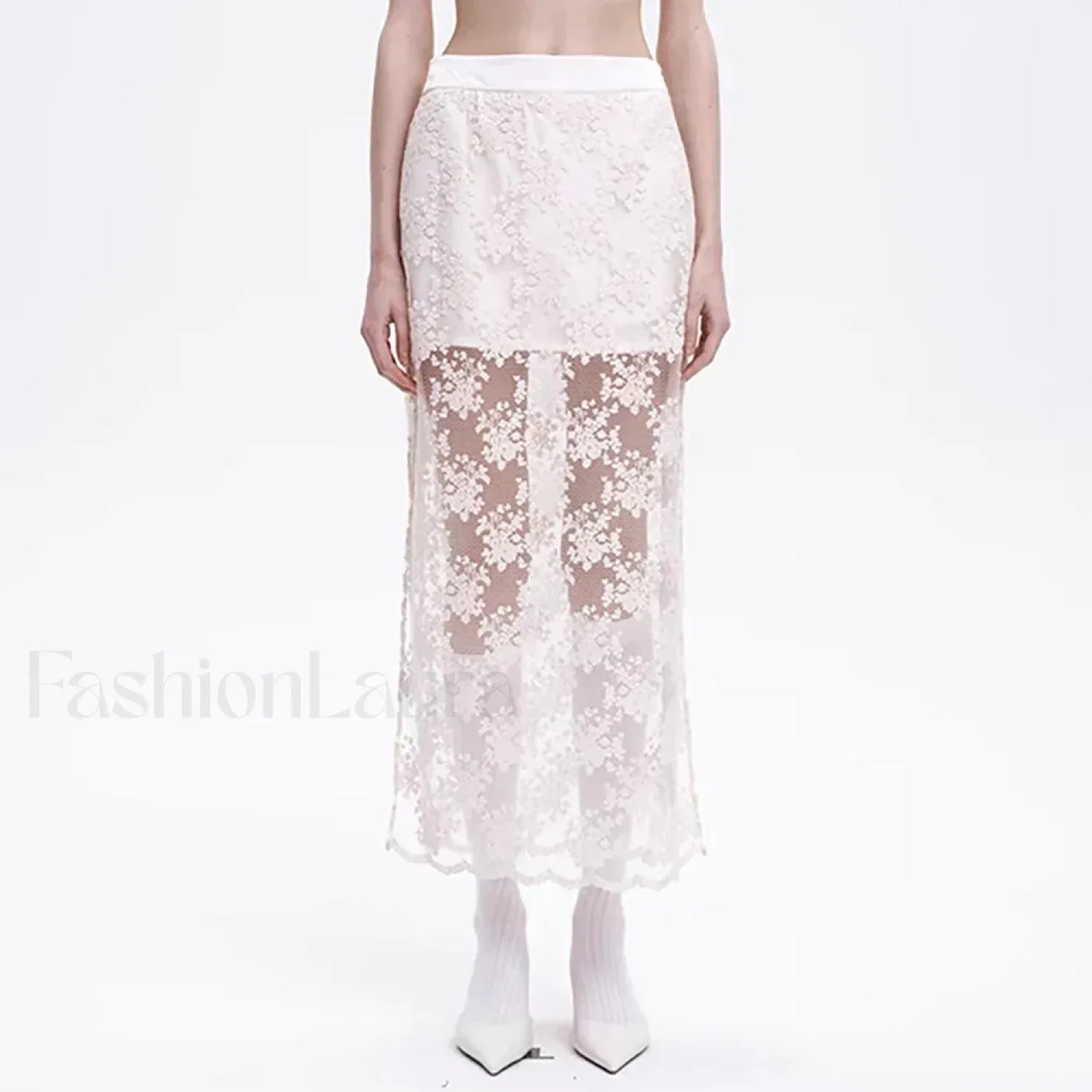 Lace Mesh Side Slit Crochet Skirt