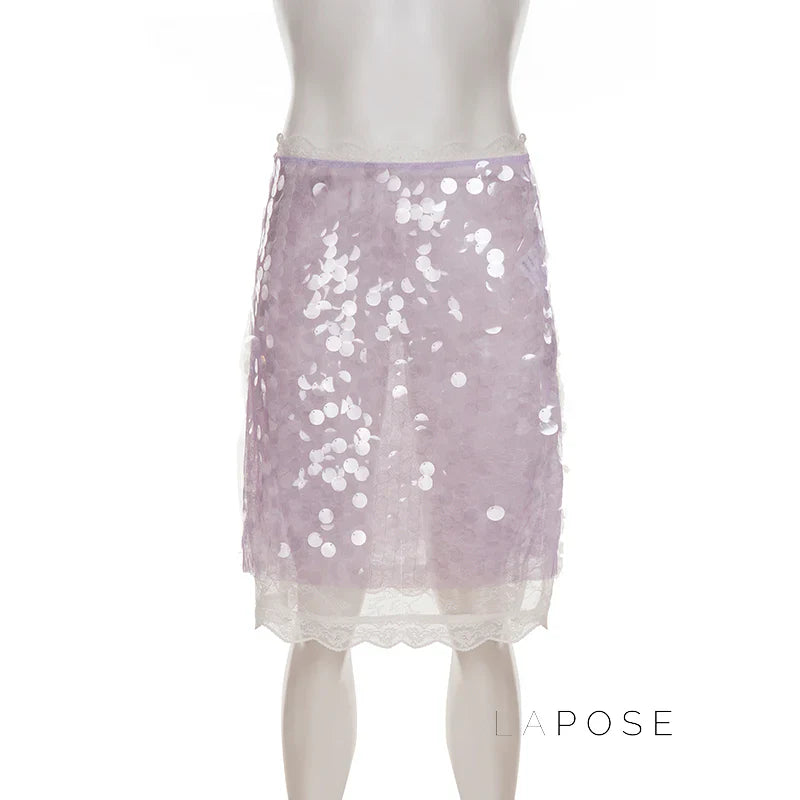 Aarna Sequin Lace Detail Midi Skirt