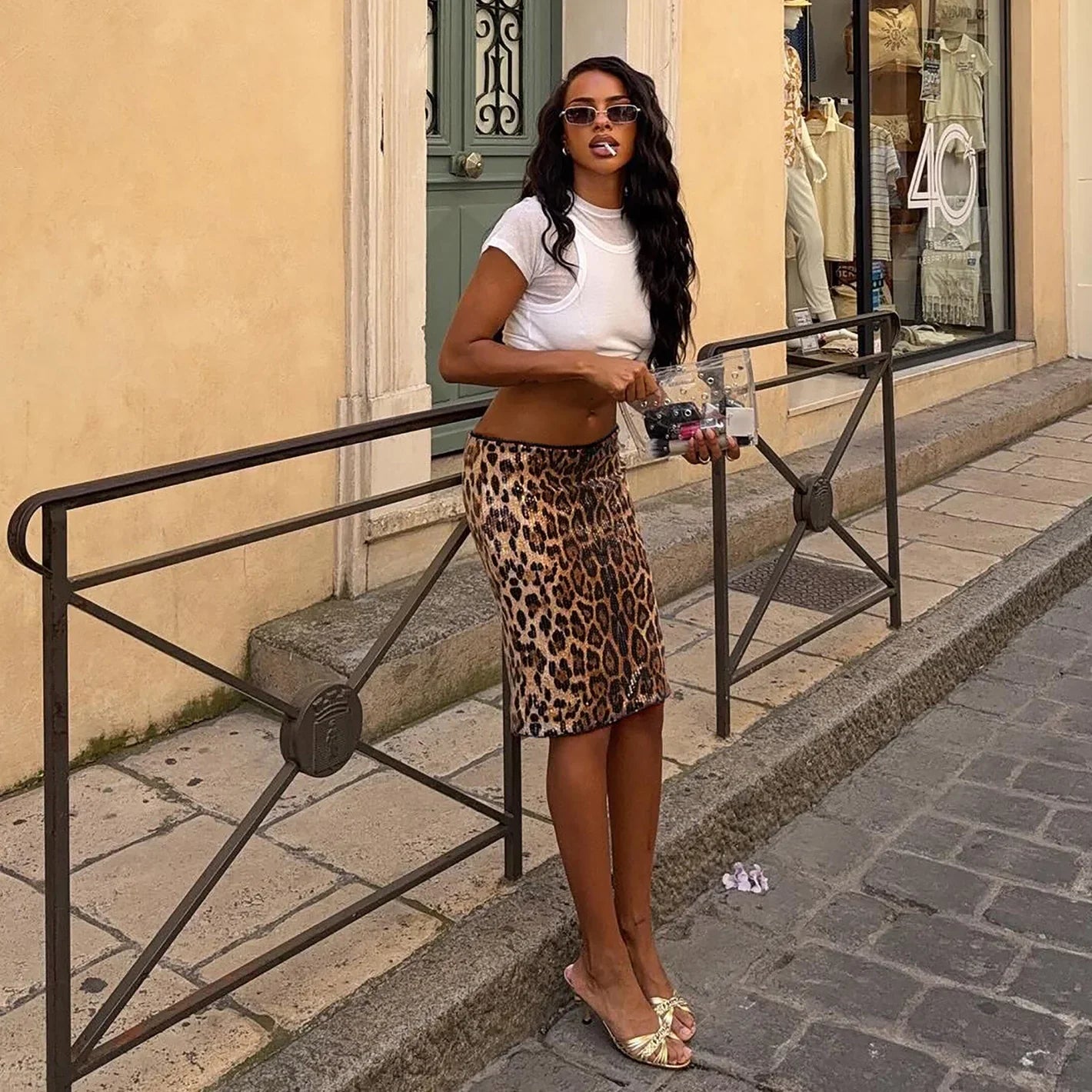 Leopard Sequin Bodycon Midi Skirt