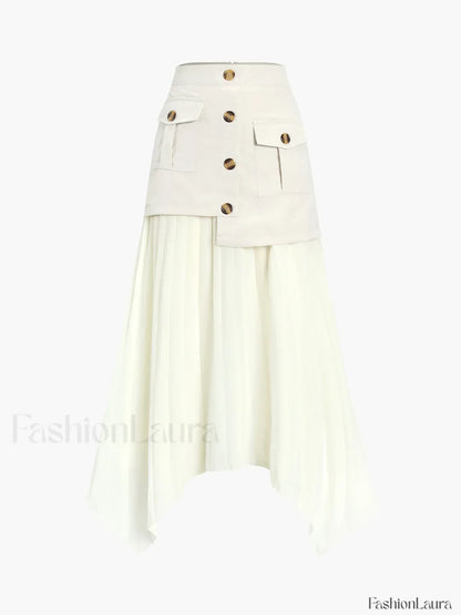 Patchwork Asymmetrical Pleated Buttoned Midi Skirt