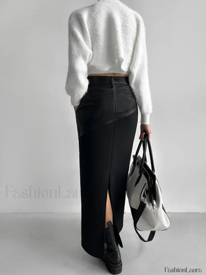 Patchwork Leather High Trendy Waist Maxi Skirt