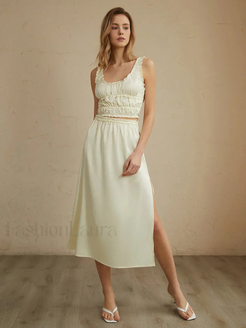 Pleated Lettuce Trim Trendy Split Midi Skirt