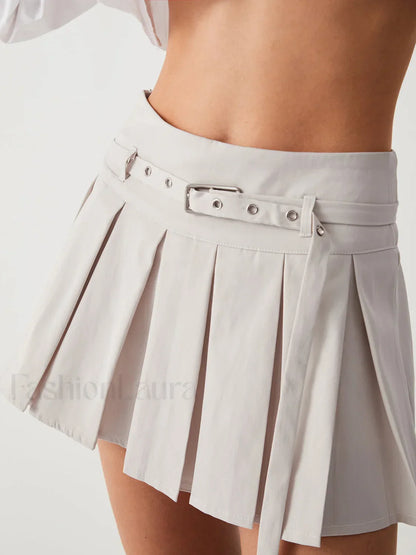 Runway Belted Graceful Pleat Mini Skirt
