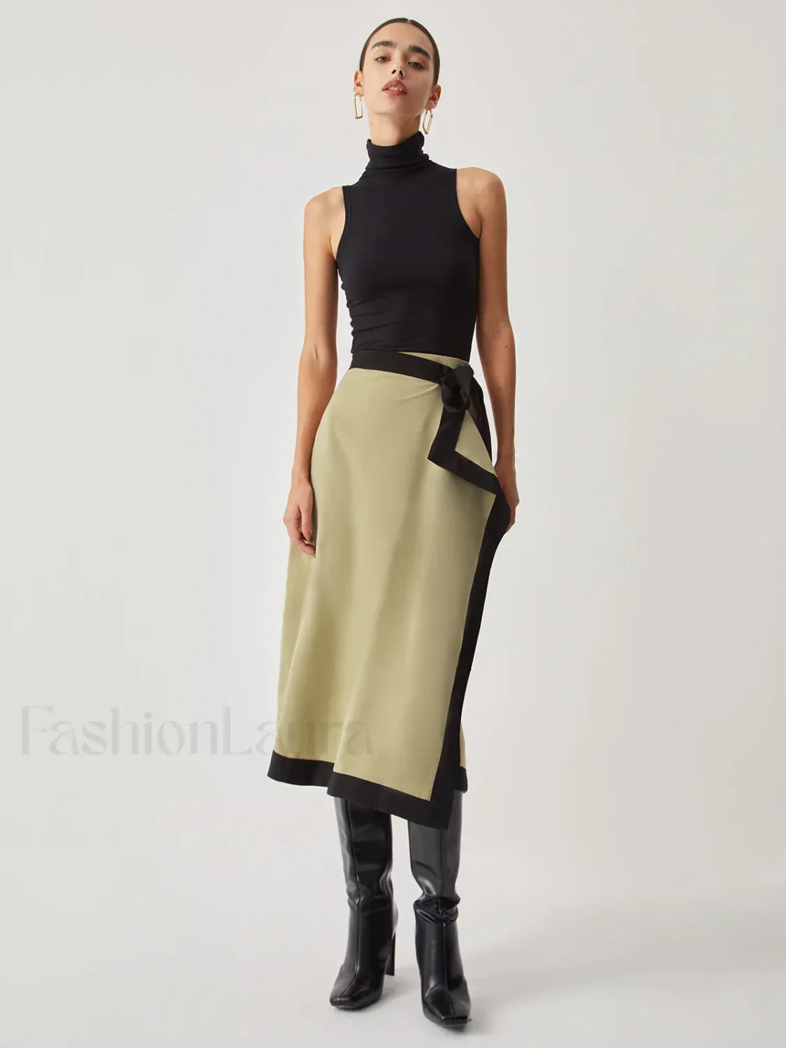 Tie Front Contrast Trendy Trim Midi Skirt