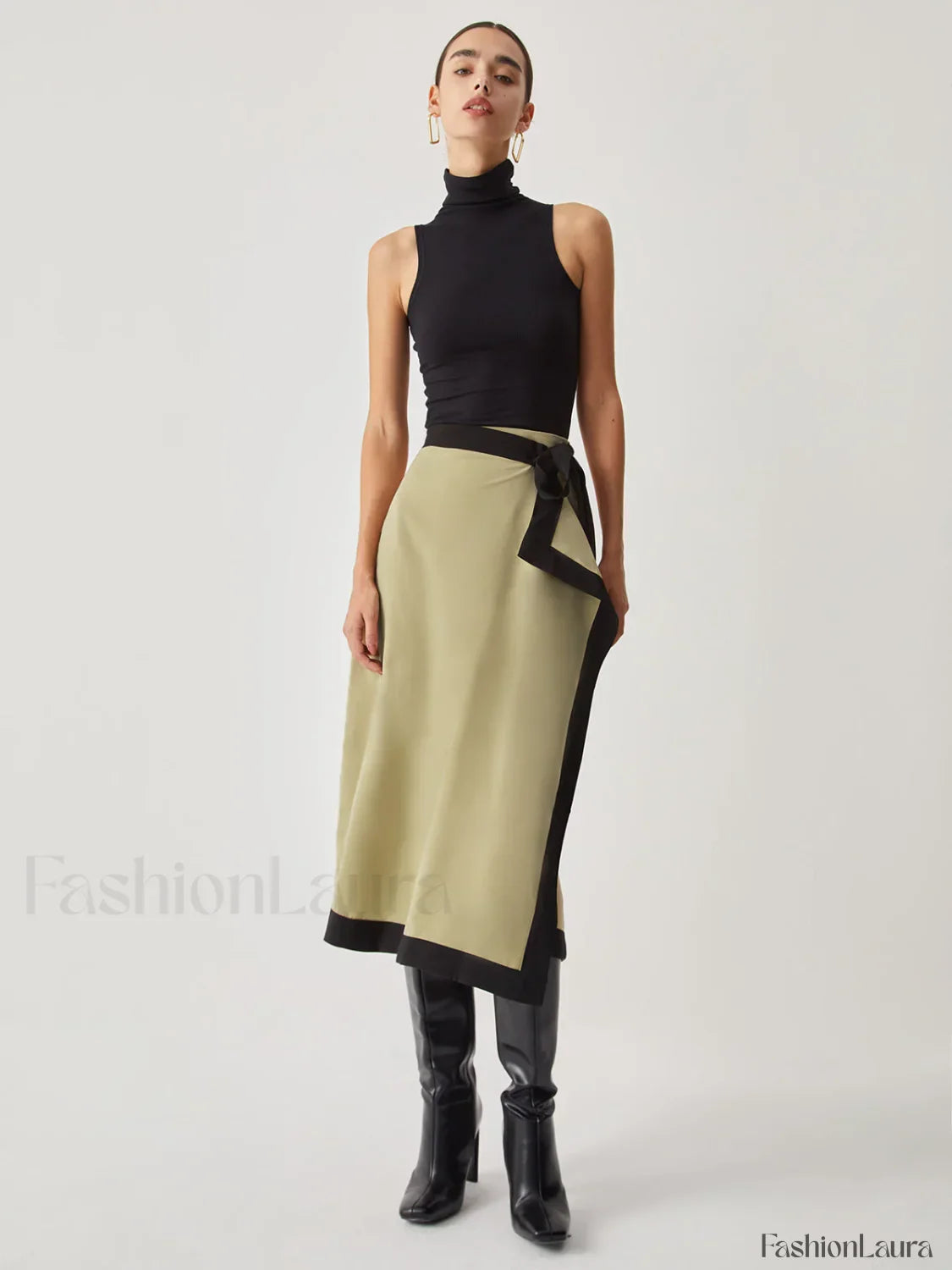 Tie Front Contrast Trendy Trim Midi Skirt