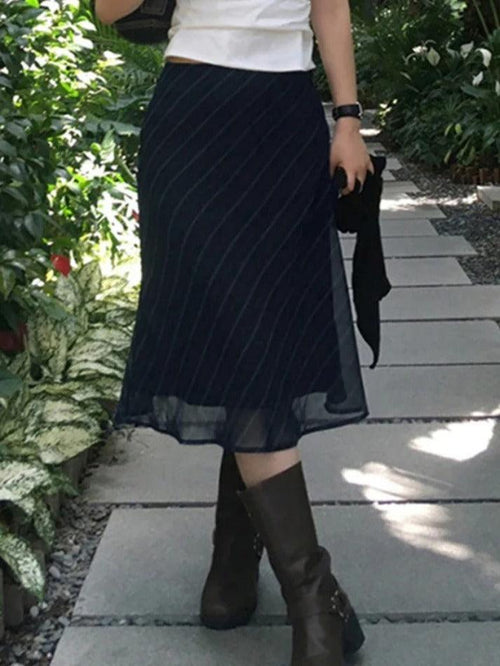 Black Vintage Double Layered Mesh Midi Skirt with Stripe