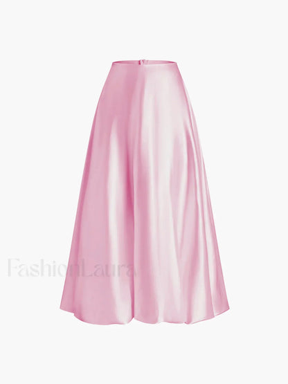 Zippered Satin Graceful A-Line Midi Skirt