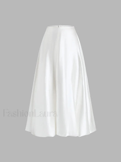 Zippered Satin Graceful A-Line Midi Skirt